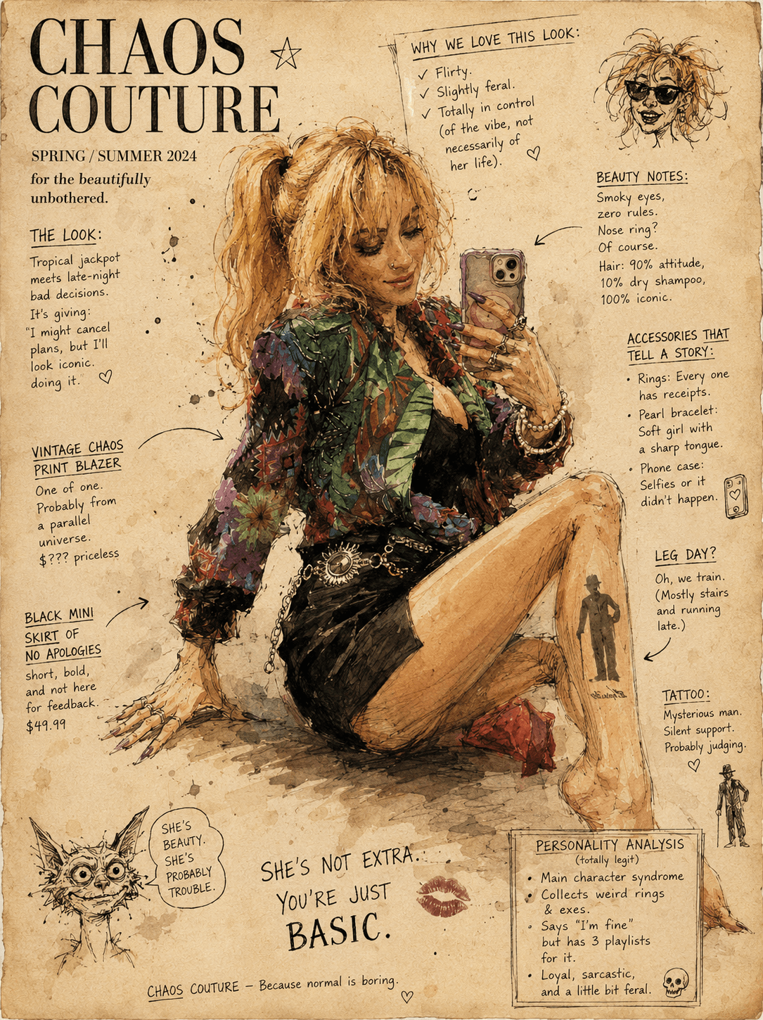 Woman with curly hair taking a mirror selfie, sitting on the floor with a colorful sweater and black shorts, surrounded by magazine-style text and illustrations.