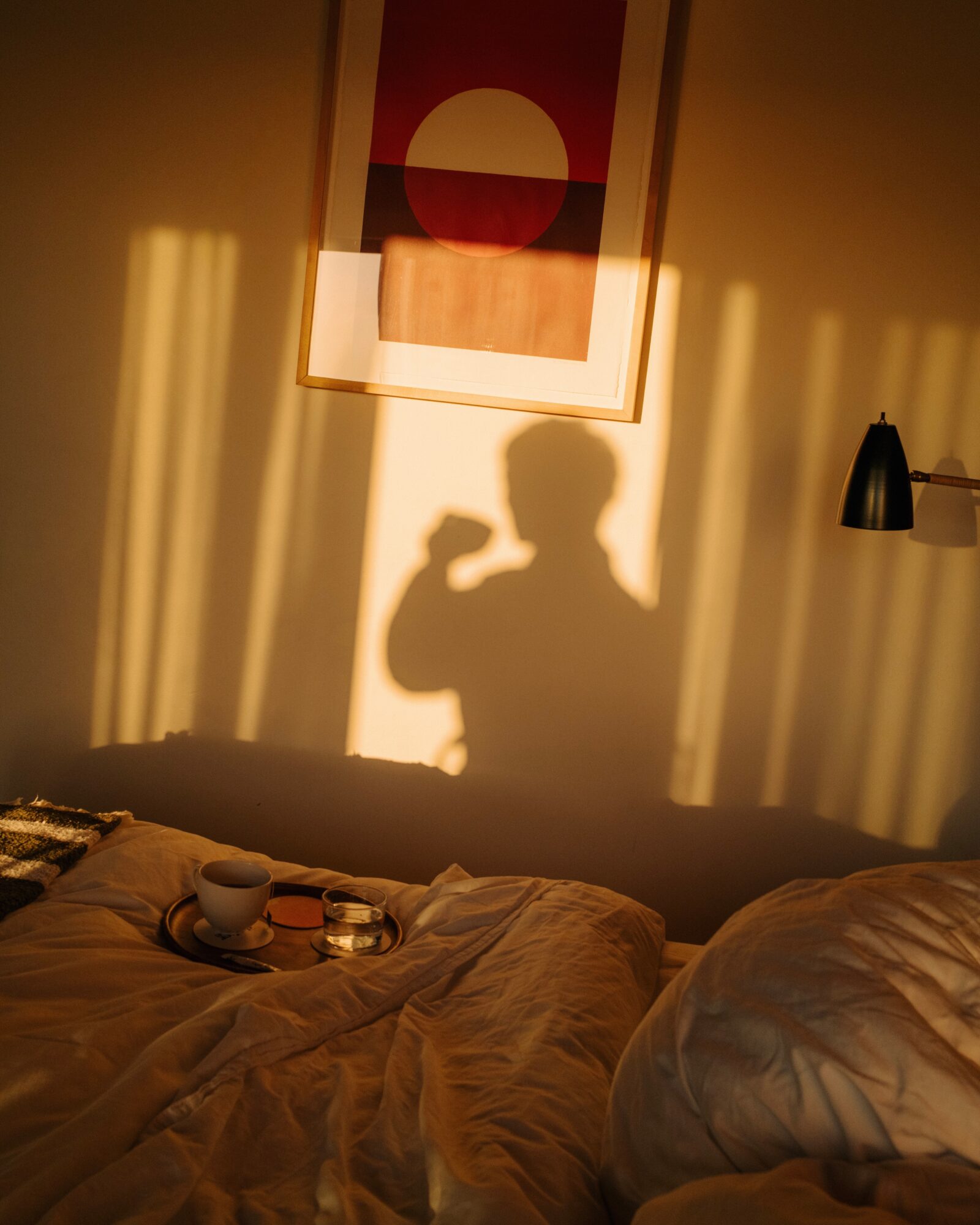 Shadow of a person taking a photo on a wall with sunlight, a bed with pillows, and a framed artwork, in warm lighting.