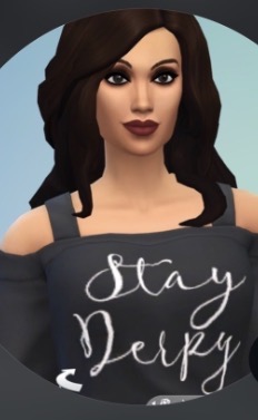 Digital illustration of a woman with dark hair and makeup, wearing a dark top with white text, against a light background.