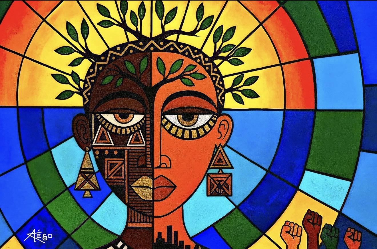 Colorful stained glass-style portrait of a person with a tree growing from their head, surrounded by vibrant geometric patterns.
