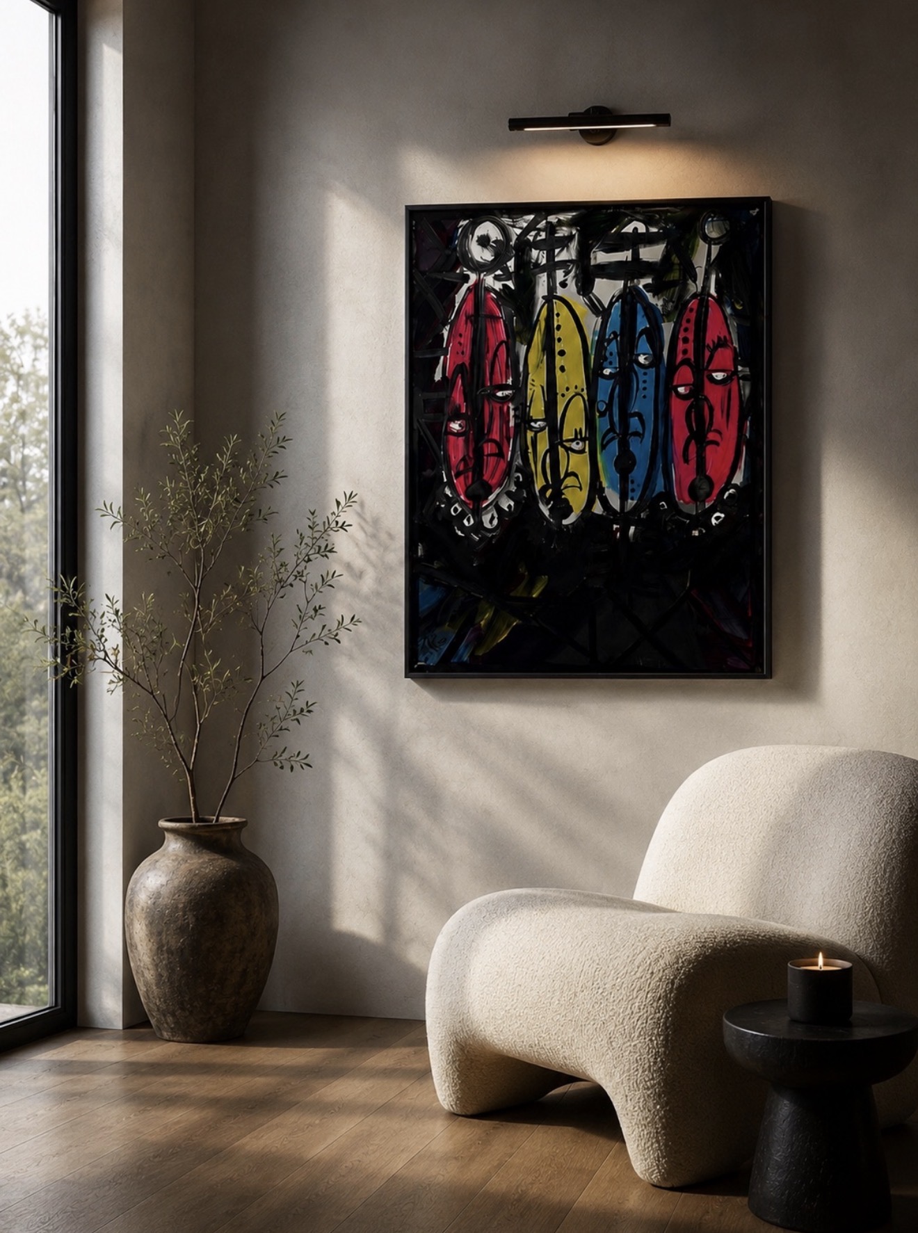 Interior with a beige armchair, a black side table, a large potted plant, and a colorful stained glass artwork on the wall.