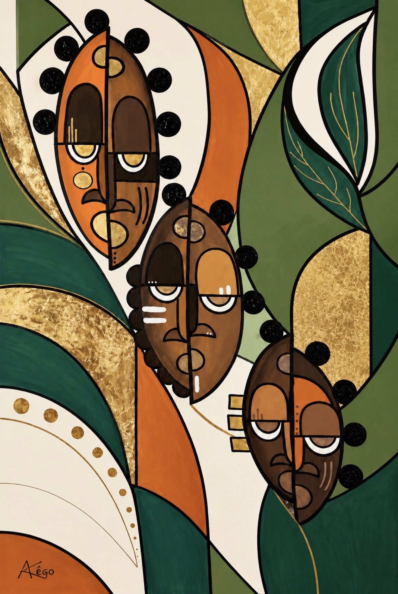 Abstract artwork featuring stylized faces with large eyes and black dots, surrounded by green and gold leaves and shapes.