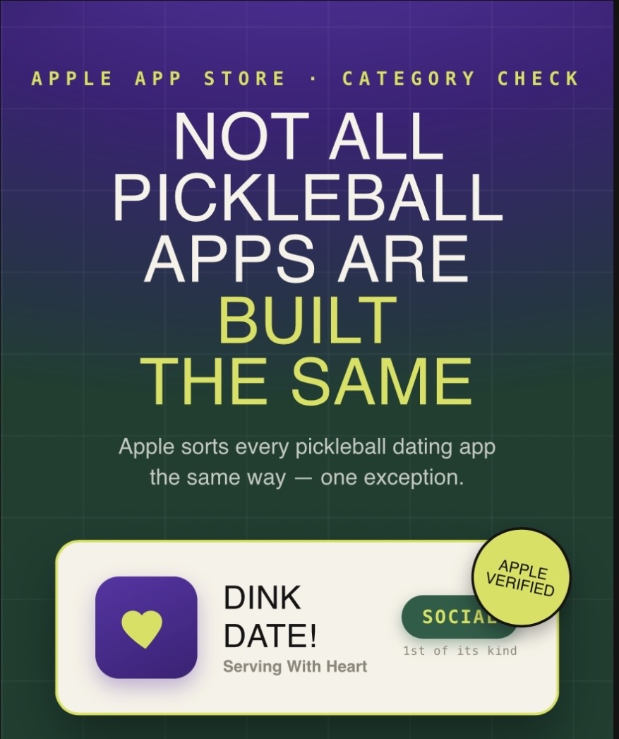 Digital graphic promoting pickleball dating app, with text and icons, green and purple color scheme.
