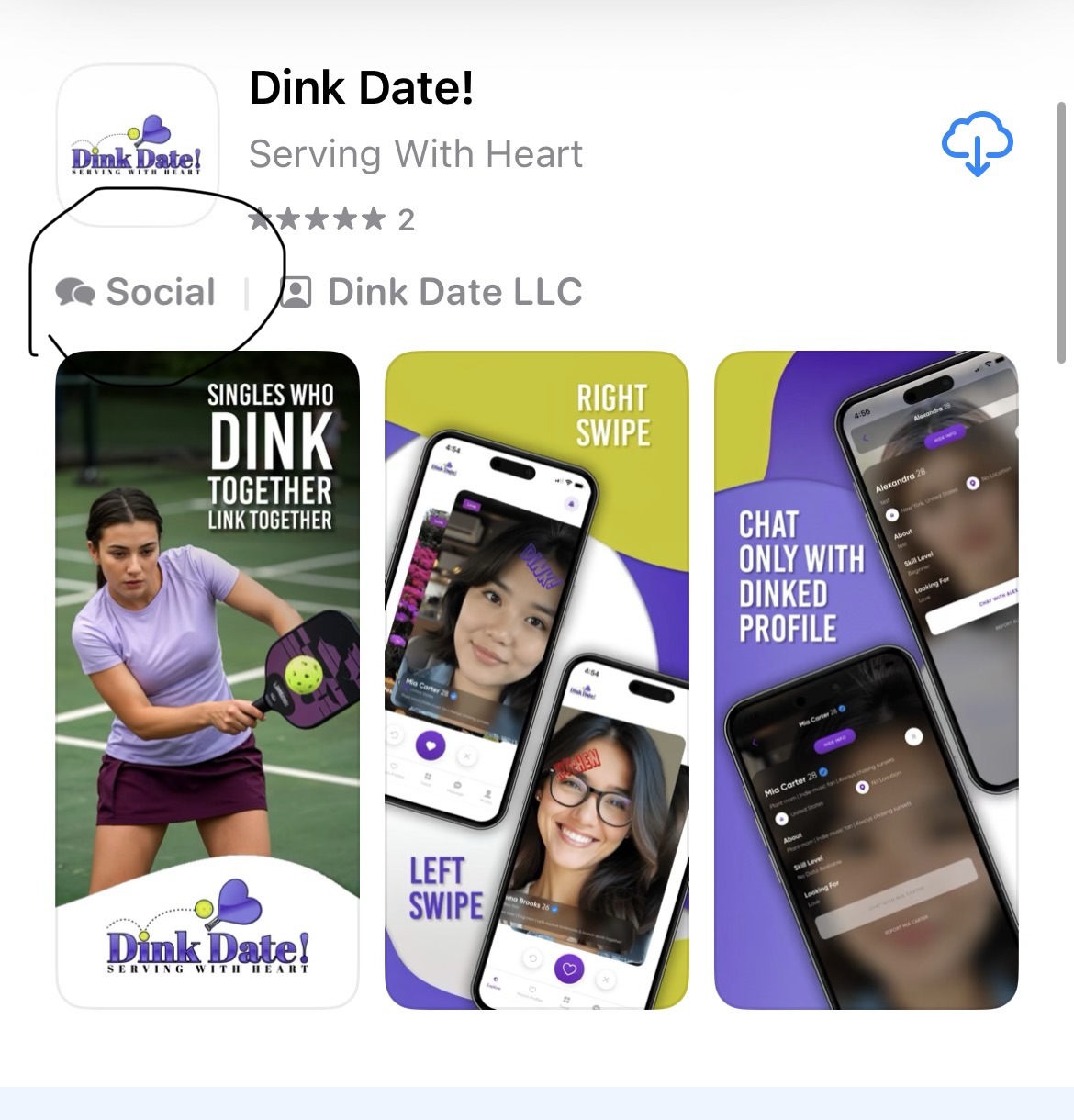 Advertisement for Dink Date app showing a girl playing tennis, phone screens with swipe options, and chat features.