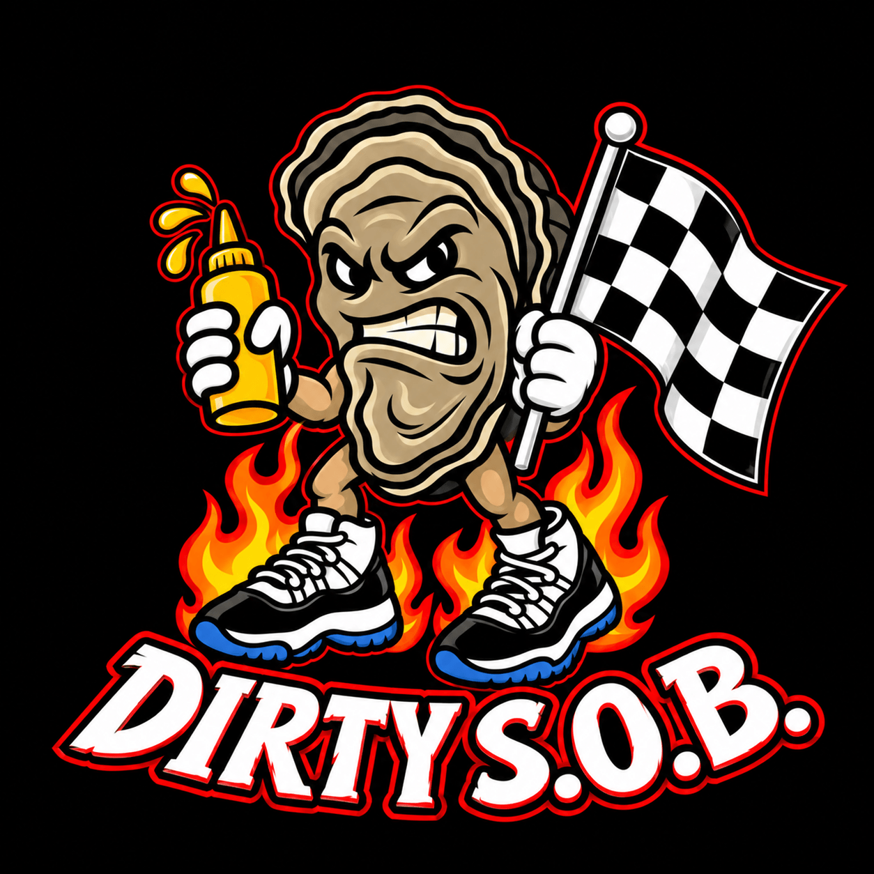Cartoon character with a fierce face, holding a spray can and a checkered flag, standing on flames with text 'DIRTY S.O.B.'
