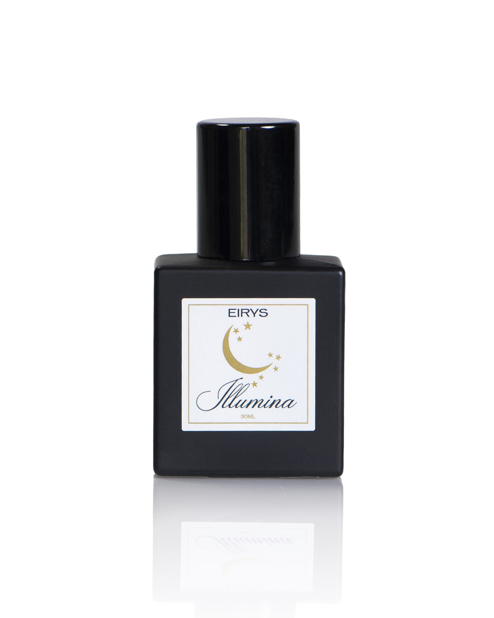 Black bottle with a white label featuring a crescent moon and stars, and the word 'Illumina'.