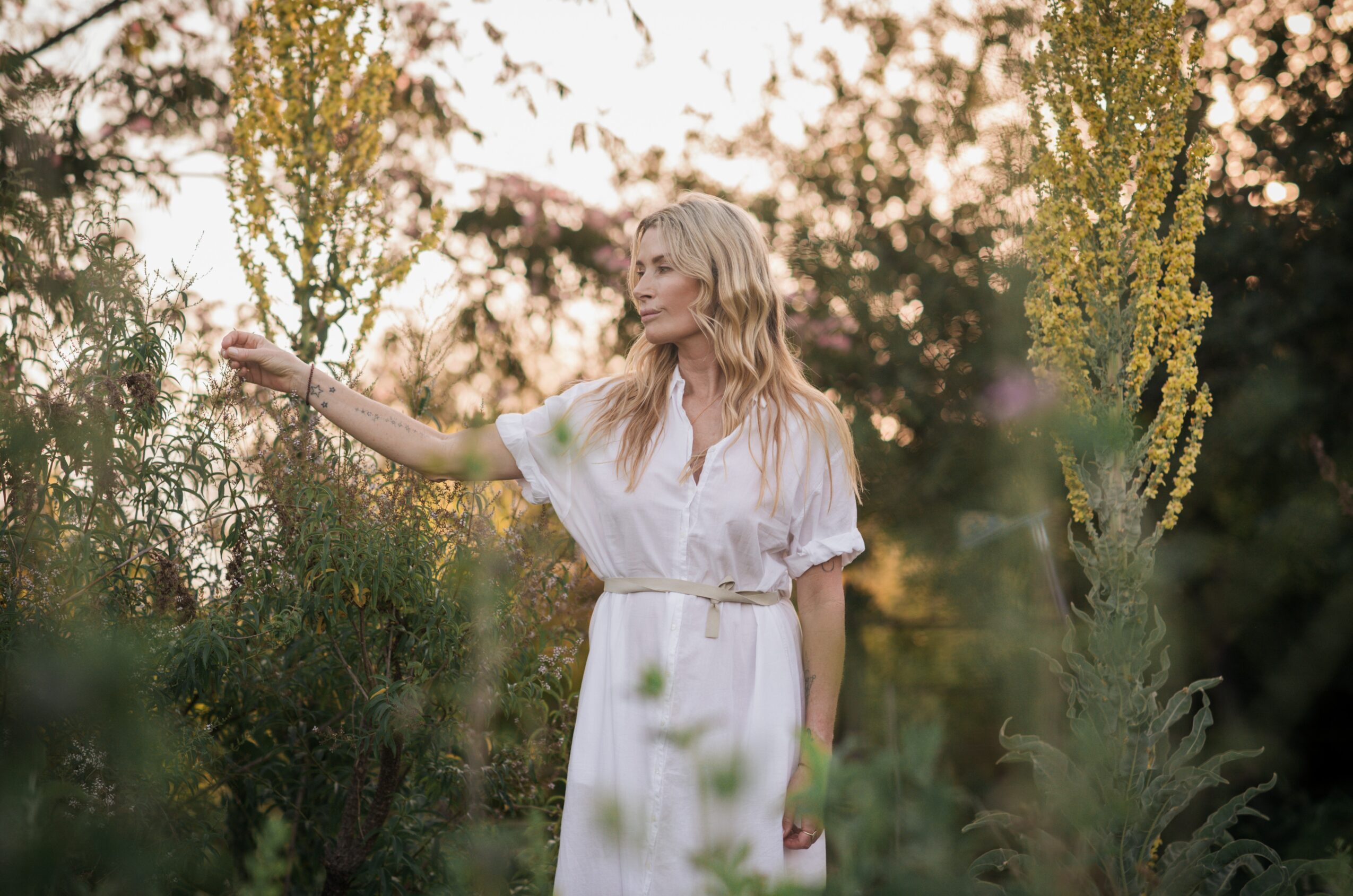 Woman in white dress reaching out to plants outdoors during sunset, surrounded by greenery and trees.