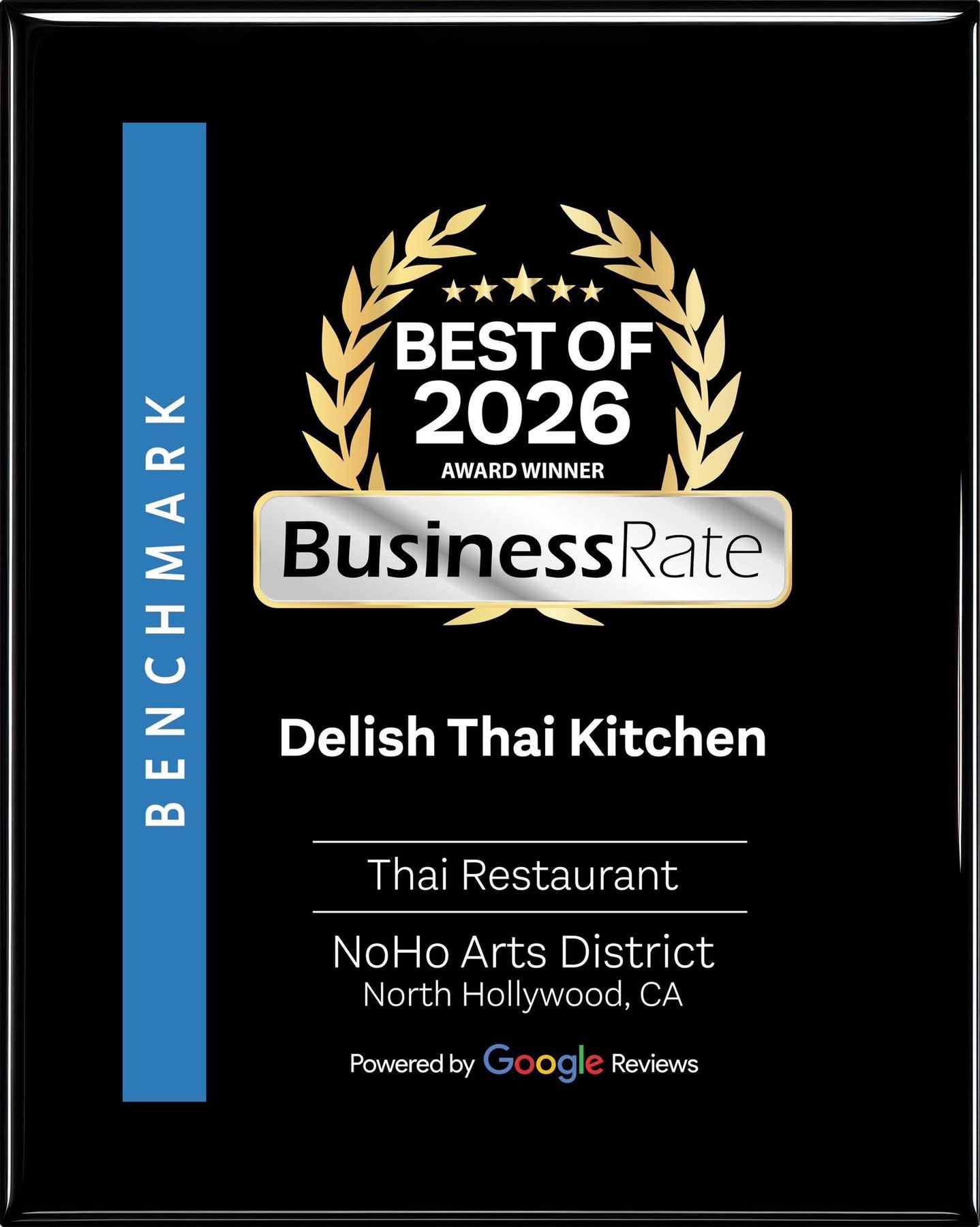 Award plaque with gold laurel wreath, text about Best of 2026, BusinessRate, and Thai restaurant in North Hollywood, CA.