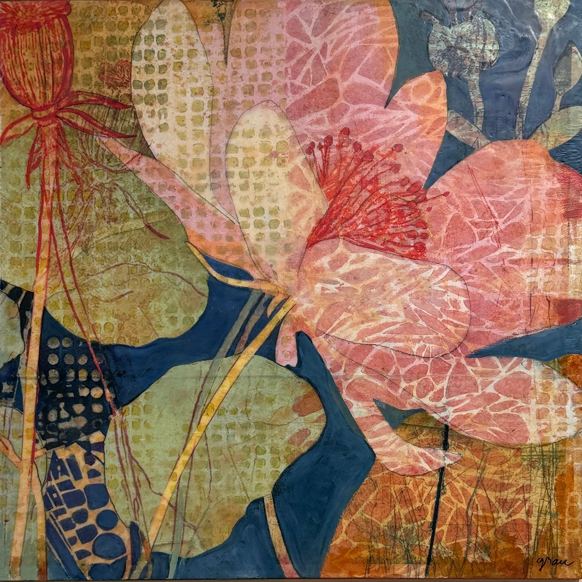 Colorful floral pattern with large pink, orange, and blue leaves and flowers, textured background, and abstract design elements.