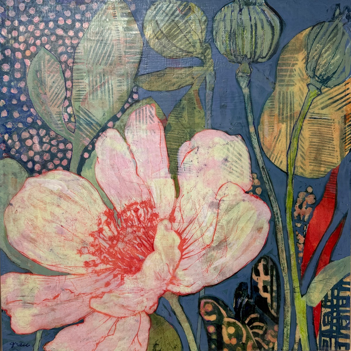 Close-up of a pink flower with green leaves and buds, with a blue background and some red and black elements.
