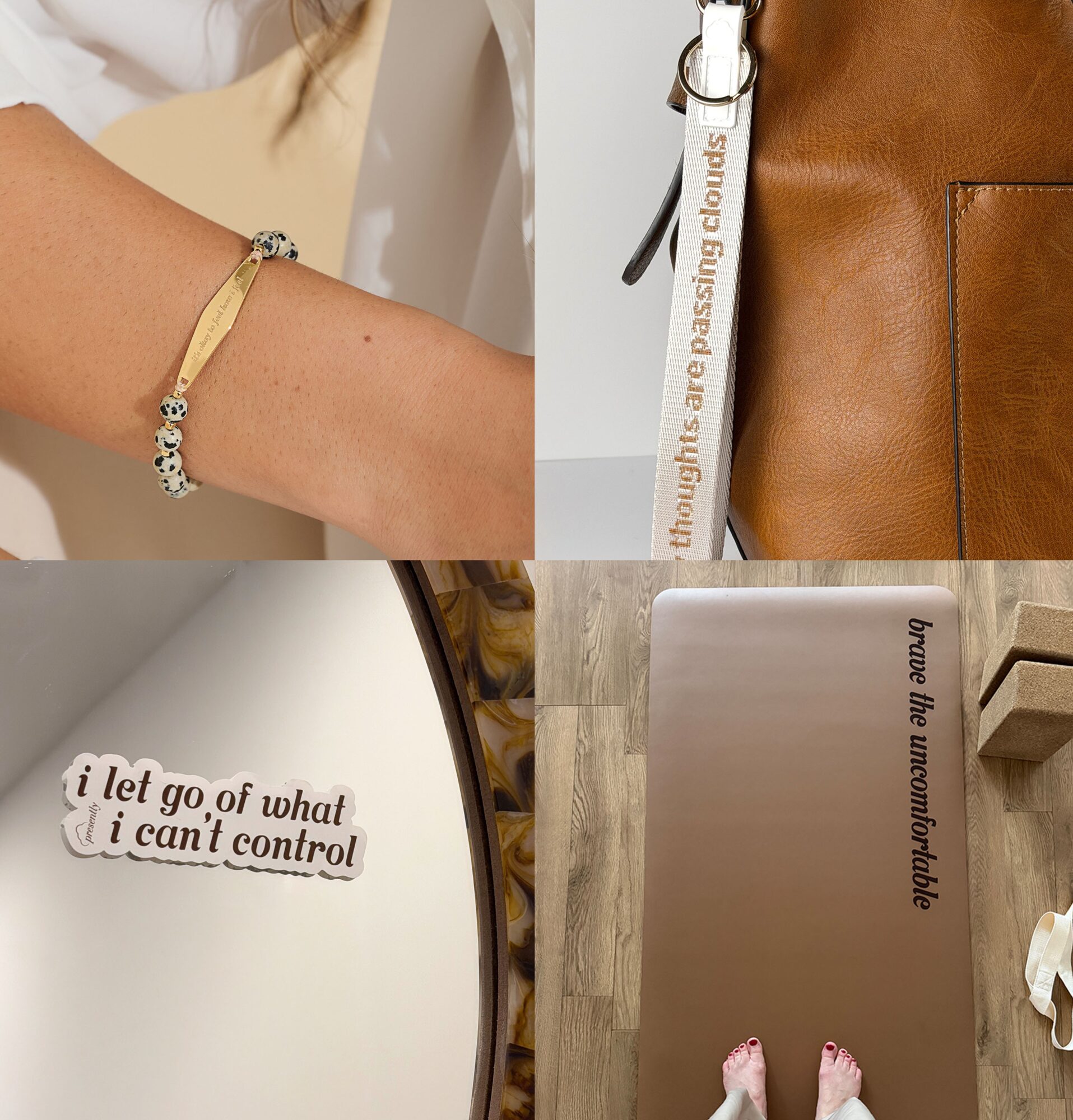 Close-up of a person's arm with a bracelet, a leather bag, a sticker on a wall, and a sticker on a table, all with text.