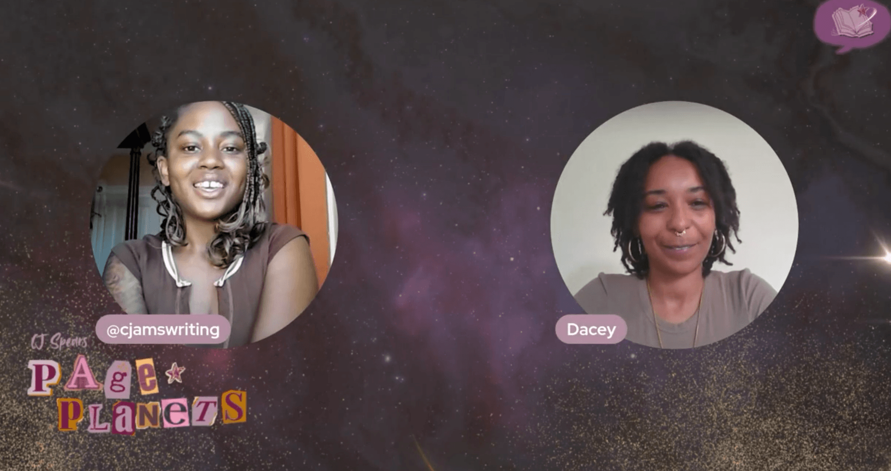 Two women in circular frames with a space-themed background, one smiling and the other with a neutral expression.