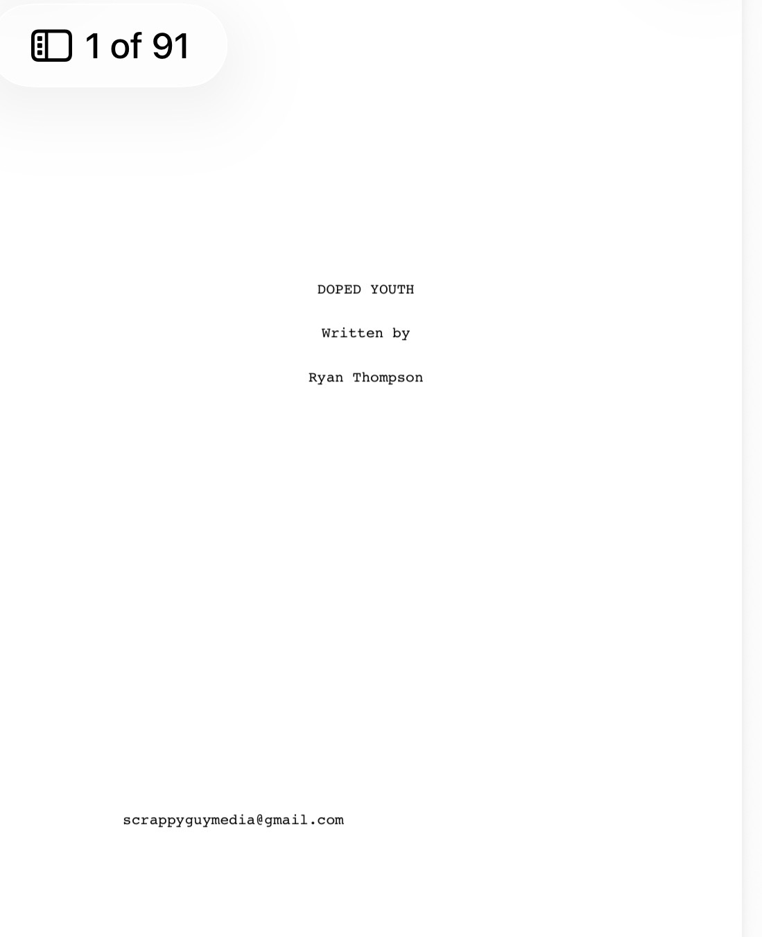 Title page with text: DOPED YOUTH, Written by Ryan Thompson, email: scrappygymedia@gmail.com.