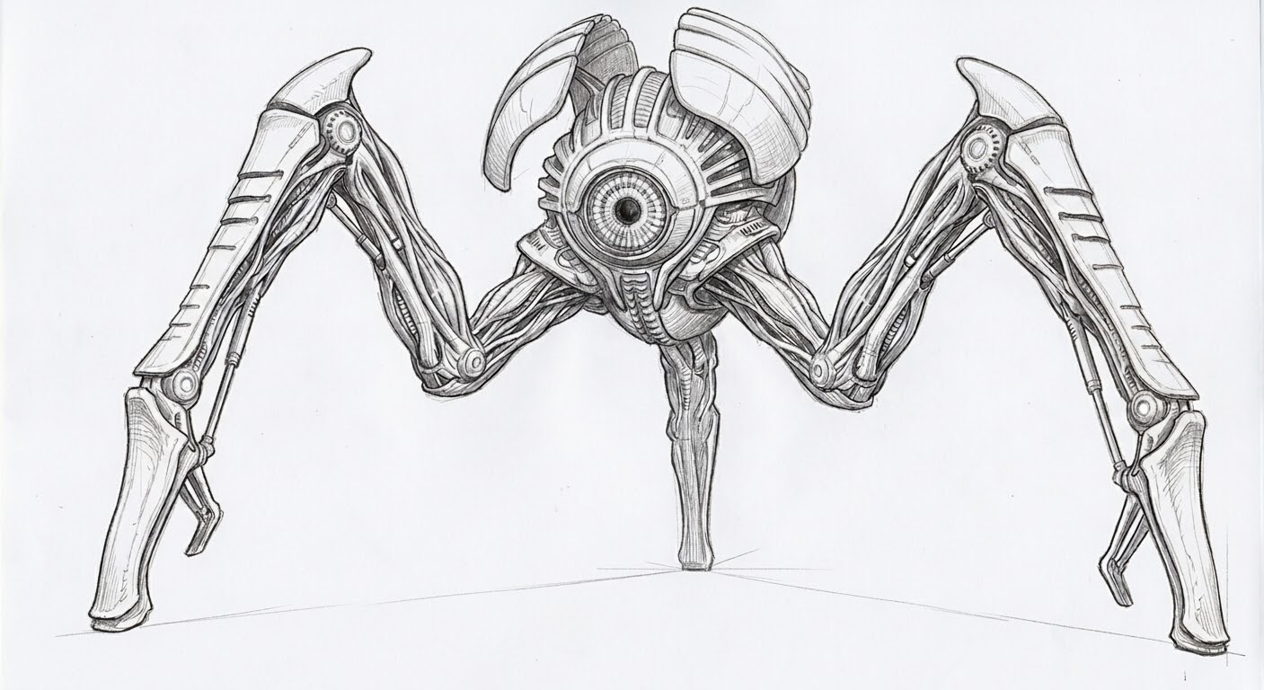 Detailed drawing of a mechanical insect with large wings and a central eye-like feature, facing forward.