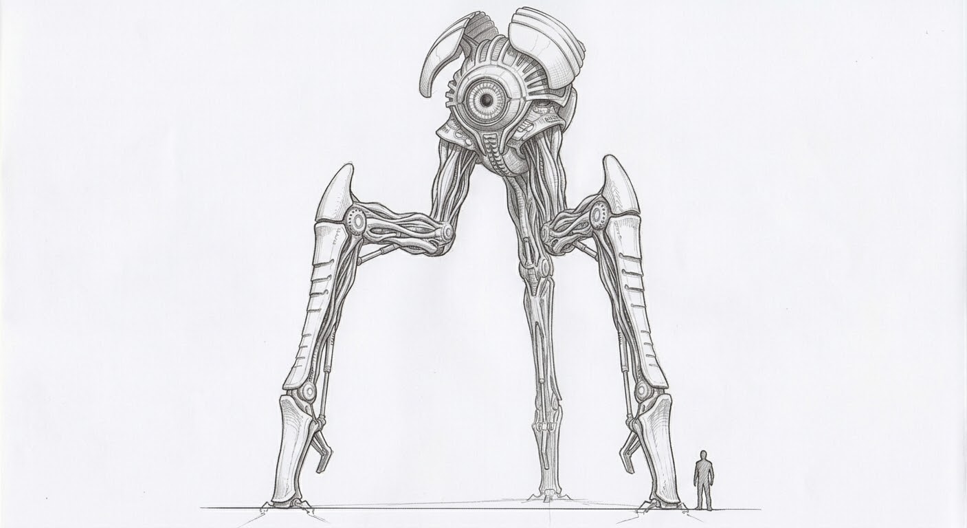 A detailed pencil sketch of a large, mechanical creature with long limbs and a central eye, with a small human figure for scale.