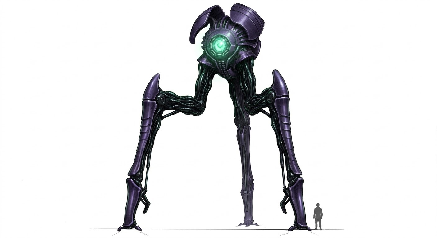 Large robotic creature with four legs and a glowing green core, next to a small human figure for scale.