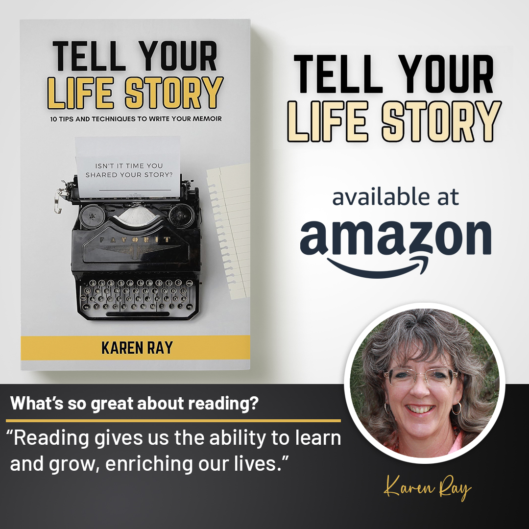 Book cover titled 'Tell Your Life Story' with typewriter, notebook, and author's photo, Karen Ray, smiling.