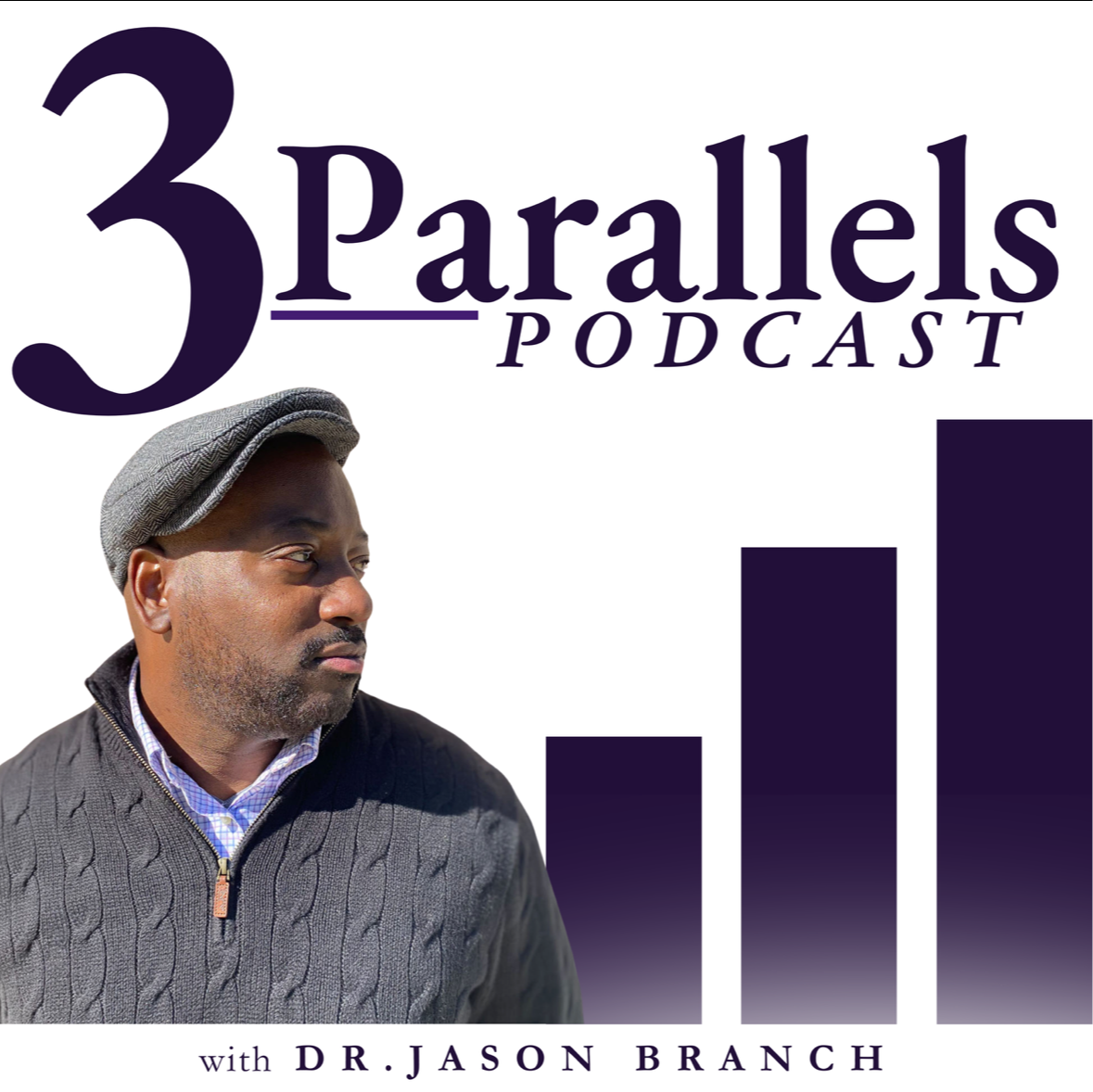 Podcast cover featuring a man wearing a gray cap and sweater, with a bar graph and text about parallels.