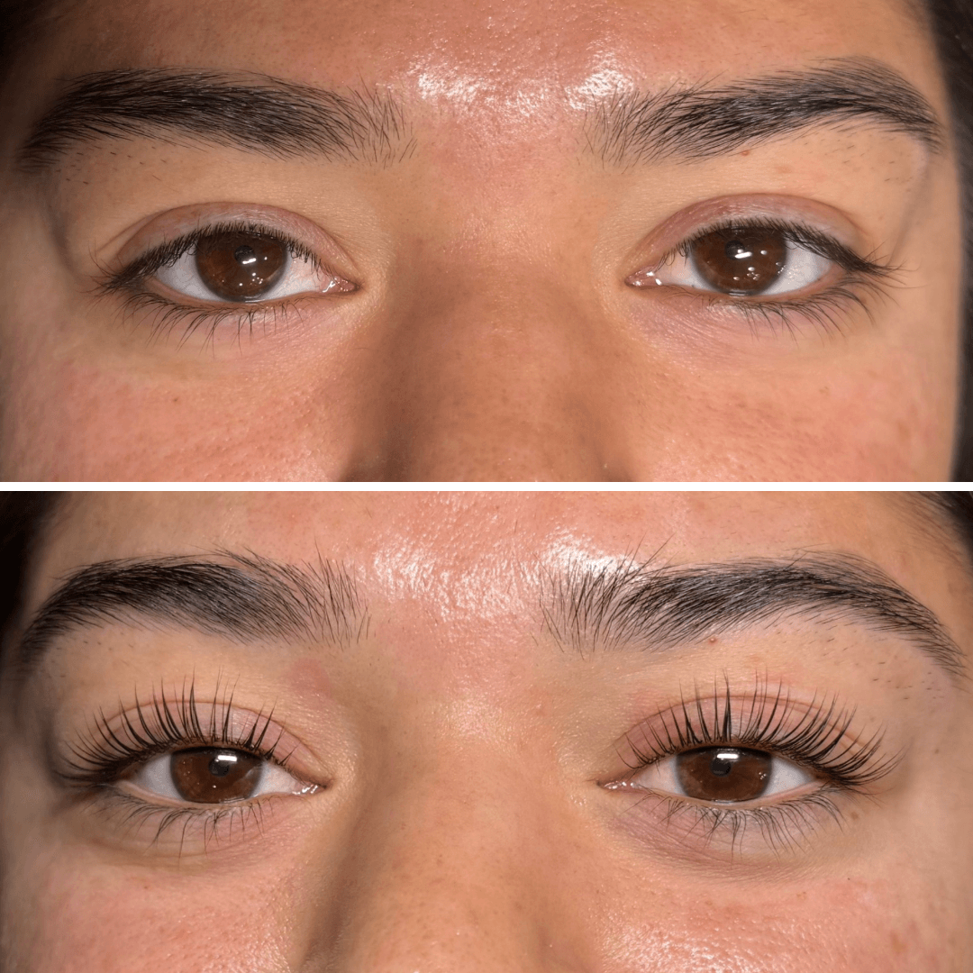 Close-up of a person's eyes before and after eyelash extension application, showing increased length and volume in the lower image.