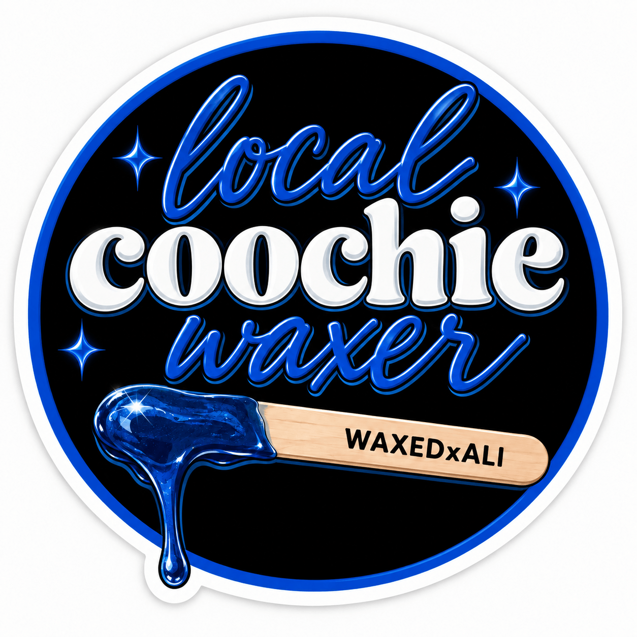Circular logo with text 'local coochie waxer' and a wax spatula with wax, blue and white colors.