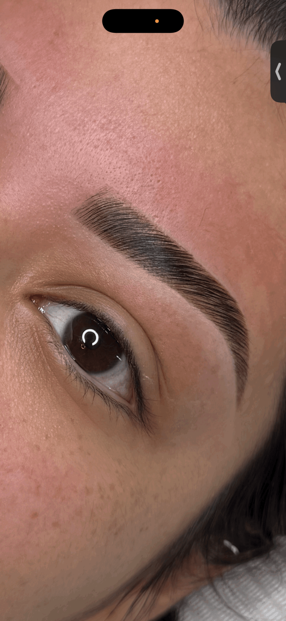 Close-up of a person's eye and eyebrow, with the face turned sideways, showing makeup and skin details.