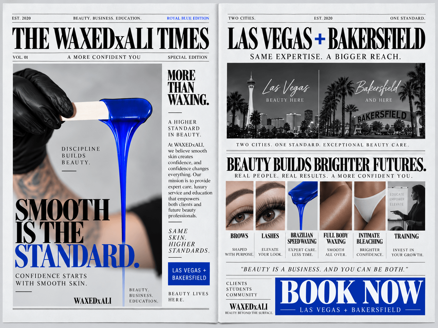 Front page of newspapers with headlines about beauty standards, Las Vegas and Bakersfield, and a hand holding blue wax. Word count: 20