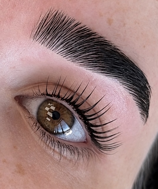 Close-up of a person's eye with well-groomed eyebrow and long eyelashes, looking slightly upward.